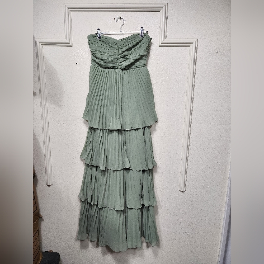 Lulus Seriously Sensational Sage Brush Strapless Tiered Maxi Dress Wedding Prom - Picture 6 of 8